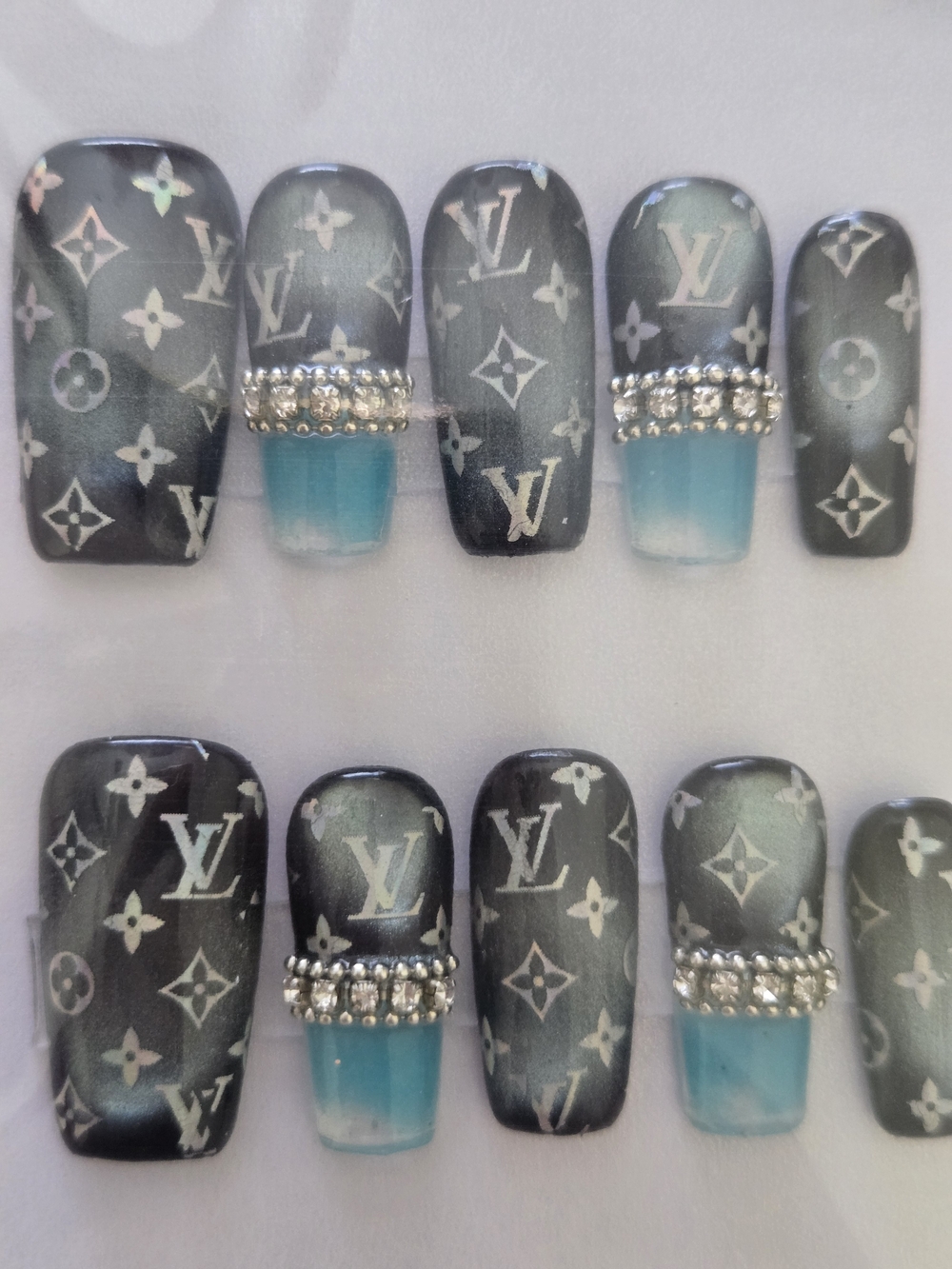 Black & Teal Water Nail Set with Rhinestone Accent
